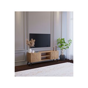 Ahşap Görünümlü Mdf 2 Kapaklı Raflı Tv Ünitesi 120 X 30 X 45 Modern Ve Fonksiyonel Tasarım