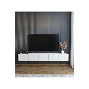 200 Cm Mdf 5 Kapaklı Dolaplı Minimalist Beyaz Duvara Monte Tv Ünitesi – Şık Ve Fonksiyonel Tasarım