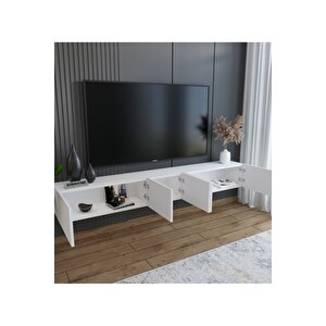200 Cm Mdf 5 Kapaklı Dolaplı Minimalist Beyaz Duvara Monte Tv Ünitesi – Şık Ve Fonksiyonel Tasarım