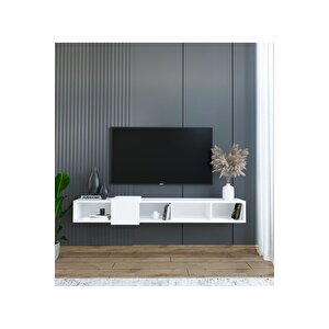 Slimline Beyaz Duvara Monte Açık Raflı Minimalist Tv Ünitesi  160 Cm - Şık Ve Fonksiyonel Tasarım