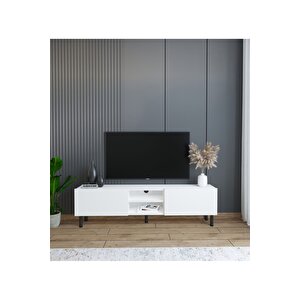 Minimalist 160 Cm Düşme Kapaklı Demir Ayaklı Mdf Beyaz Tv Ünitesi - İdeal Ebatlarla Modern Tasarım