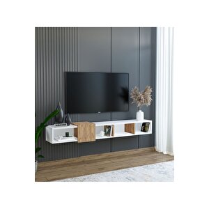 Slimline Beyaz Duvara Monte Açık Raflı Minimalist Tv Ünitesi  160 Cm - Şık Ve Fonksiyonel Tasarım