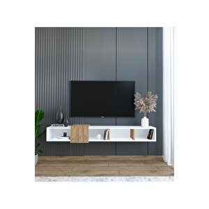 Slimline Beyaz Duvara Monte Açık Raflı Minimalist Tv Ünitesi  160 Cm - Şık Ve Fonksiyonel Tasarım