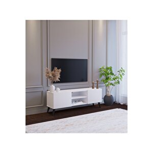 Beyaz Modern 120 Cm 2 Kapaklı Raflı Tv Ünitesi Modüler Tv Sehpası Mdf