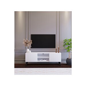 Beyaz Modern 120 Cm 2 Kapaklı Raflı Tv Ünitesi Modüler Tv Sehpası Mdf