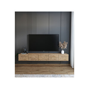 200 Cm Mdf 5 Kapaklı Dolaplı Minimalist Ahşap Duvara Monte Tv Ünitesi – Şık Ve Fonksiyonel Tasarım