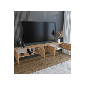 200 Cm Mdf 5 Kapaklı Dolaplı Minimalist Ahşap Duvara Monte Tv Ünitesi – Şık Ve Fonksiyonel Tasarım