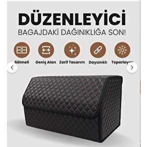 Deri Destekli Oto Bagaj Çantası Çok Fonksiyonlu Organizer Araç İçi Düzenleyici Bölmeli Toparlayıcı Siyah Kırmızı Siyah - Kırmızı