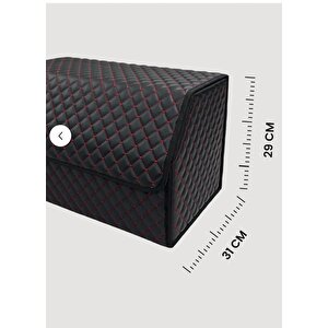 Deri Destekli Oto Bagaj Çantası Çok Fonksiyonlu Organizer Araç İçi Düzenleyici Bölmeli Toparlayıcı Siyah Kırmızı Siyah - Kırmızı