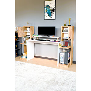 Throne Dolaplı, Kitaplıklı, Raflı Çalışma Masası, Bilgisayar Masası, Çocuk Çalışma Masası Beyaz - Atlantik Çam