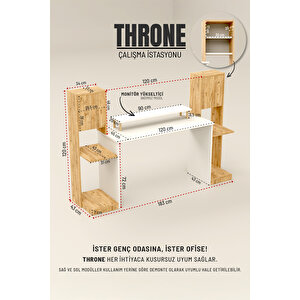 Throne Dolaplı, Kitaplıklı, Raflı Çalışma Masası, Bilgisayar Masası, Çocuk Çalışma Masası Beyaz - Atlantik Çam