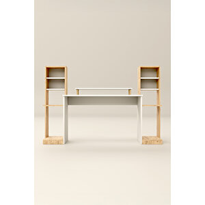 Throne Dolaplı, Kitaplıklı, Raflı Çalışma Masası, Bilgisayar Masası, Çocuk Çalışma Masası Beyaz - Atlantik Çam
