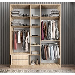 Soft 10 Kapaklı Yüklüklü Gizli Çekmeceli Gardırop Dolap Meşe 175 Cm - Ücretsiz Kurulum