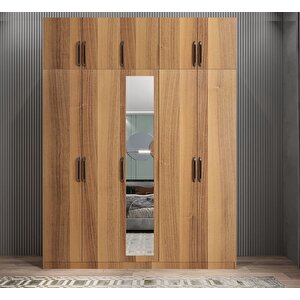 Soft 10 Kapaklı Yüklüklü Gizli Çekmeceli Gardırop Dolap Ceviz 200 Cm - Ücretsiz Kurulum