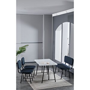 Elfin 70x110 Beyaz Yemek Masası, Yemek Masası Takımı, 2 Sandalye 1 Bench - Lacivert