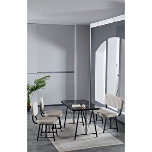 Elfin 70x110 Siyah Yemek Masası, Yemek Masası Takımı, 2 Sandalye 1 Bench - Krem