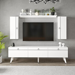 Andora Modern Tv Ünitesi Kitaplıklı Dolaplı Tv Sehpası Beyaz