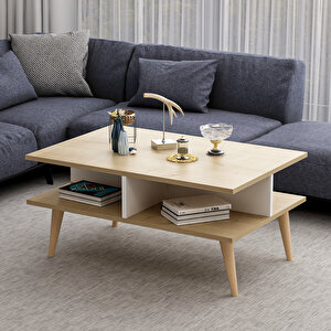Poloo Ahşap Ayaklı Modern Dekoratif Orta Sehpa 90cm Beyaz-safir Meşe