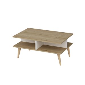 Dekorosso Poloo Ahşap Ayaklı Modern Dekoratif Orta Sehpa 90cm Beyaz-safir Meşe