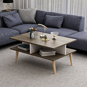 Poloo Ahşap Ayaklı Modern Dekoratif Orta Sehpa 90cm Beyaz-ceviz