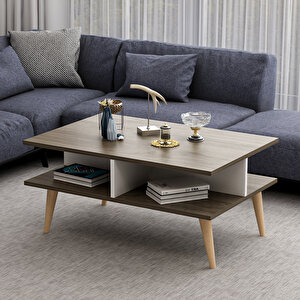 Poloo Ahşap Ayaklı Modern Dekoratif Orta Sehpa 90cm Beyaz-ceviz