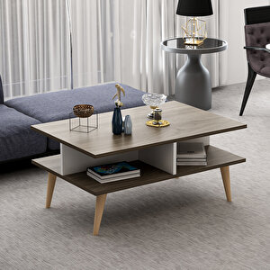 Poloo Ahşap Ayaklı Modern Dekoratif Orta Sehpa 90cm Beyaz-ceviz