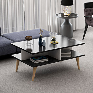 Poloo Ahşap Ayaklı Modern Dekoratif Orta Sehpa 90cm Beyaz- Siyah Mermer Desen (bendir)