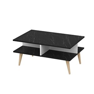 Dekorosso Poloo Ahşap Ayaklı Modern Dekoratif Orta Sehpa 90cm Beyaz- Siyah Mermer Desen (bendir)
