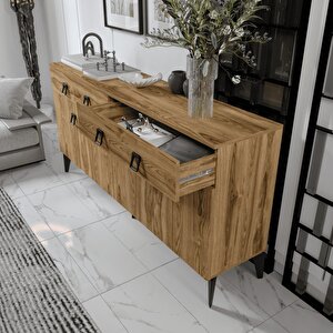 Elara Konsol – 180 Cmı Ceviz,metal Ayaklı 4 Kapaklı 2 Çekmeceli Modern Konsol