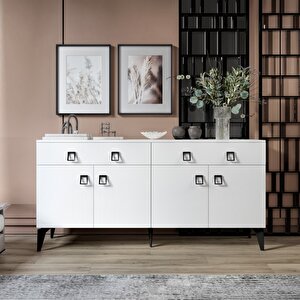 Elara Konsol – 180 Cm Beyaz, Metal Ayaklı 4 Kapaklı 2 Çekmeceli Modern Konsol