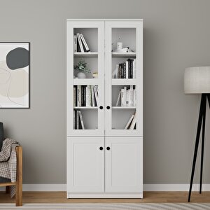 Lisa 4 Kapaklı Beyaz Vitrin - Kitaplık Ve Çok Amaçlı Dolap