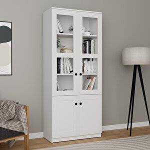 Lisa 4 Kapaklı Beyaz Vitrin - Kitaplık Ve Çok Amaçlı Dolap
