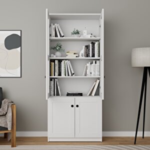 Lisa 4 Kapaklı Beyaz Vitrin - Kitaplık Ve Çok Amaçlı Dolap