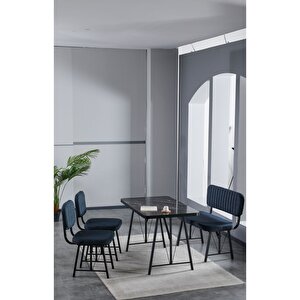 Elfin 70x110 Siyah Yemek Masası, Yemek Masası Takımı, 2 Sandalye 1 Bench - Lacivert