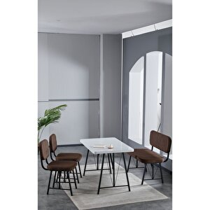 Elfin 70x110 Beyaz Yemek Masası, Yemek Masası Takımı, 2 Sandalye 1 Bench - Kahverengi