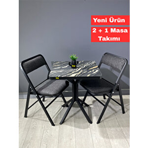 Mercan Luanda Mermer 2 Kişilik Kare Mutfak Yemek Masası Takımı 2+1 Keten Gri 60 Cm