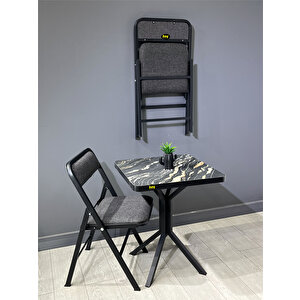 Mercan Luanda Mermer 2 Kişilik Kare Mutfak Yemek Masası Takımı 2+1 Keten Gri 60 Cm