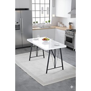 Elfin 70x110cm Sabit Beyaz, Yemek Masası, Yemek Masası Takımı, 2 Lacivert Benchli