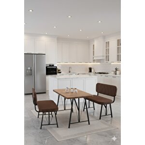 Elfin 70x110cm Sabit Atlantik, Yemek Masası, Yemek Masası Takımı, 2 Kahverengi Benchli