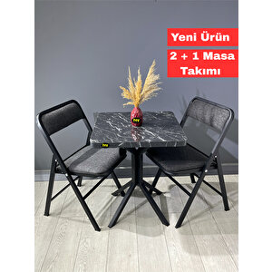 Mercan Siyah Mermer 2 Kişilik Kare Mutfak Yemek Masası Takımı 2+1 Keten Gri 60 Cm