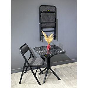 Mercan Siyah Mermer 2 Kişilik Kare Mutfak Yemek Masası Takımı 2+1 Keten Gri 60 Cm