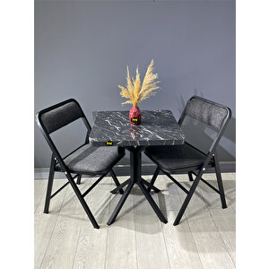 Mercan Siyah Mermer 2 Kişilik Kare Mutfak Yemek Masası Takımı 2+1 Keten Gri 60 Cm