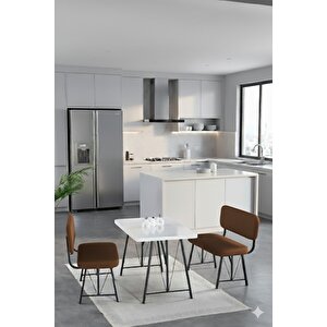 Elfin 70x110cm Sabit Beyaz, Yemek Masası, Yemek Masası Takımı, 2 Kahverengi Benchli