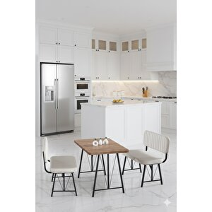 Elfin 70x110cm Sabit Atlantik, Yemek Masası, Yemek Masası Takımı, 2 Krem Benchli