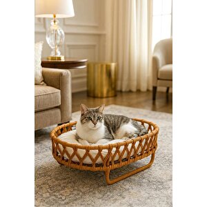 Tasaryum El Örgüsü İskandinav Kedi Yuvası, Yumuşak Yataklı Kedi Evi Kahverengi