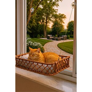 Tasaryum El Örgüsü Kedi Ve Köpek Vantuzlu Cam Yatağı, İskandinav Kedi Hamağı Puf Minderli Kahverengi