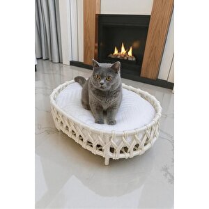 Tasaryum El Örgüsü Iskandinav Kedi Yuvası, Yumuşak Minderli Kedi Evi Bej