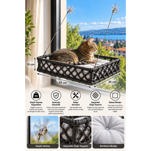 Tasaryum El İşçiliği Bohem Makrome Kedi ve Küçük Köpek Cam Hamak Yatağı Güçlü Vantuzlu, Minderli - Antrasit