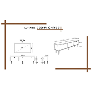 Lunaris Tv Ünitesi - Tv Sehpası 200 Cm %100 Mdf Lake Ahşap Ayaklı