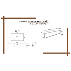 Lunaris Tv Ünitesi - Tv Sehpası 200 Cm Duvara Monte %100 Mdf